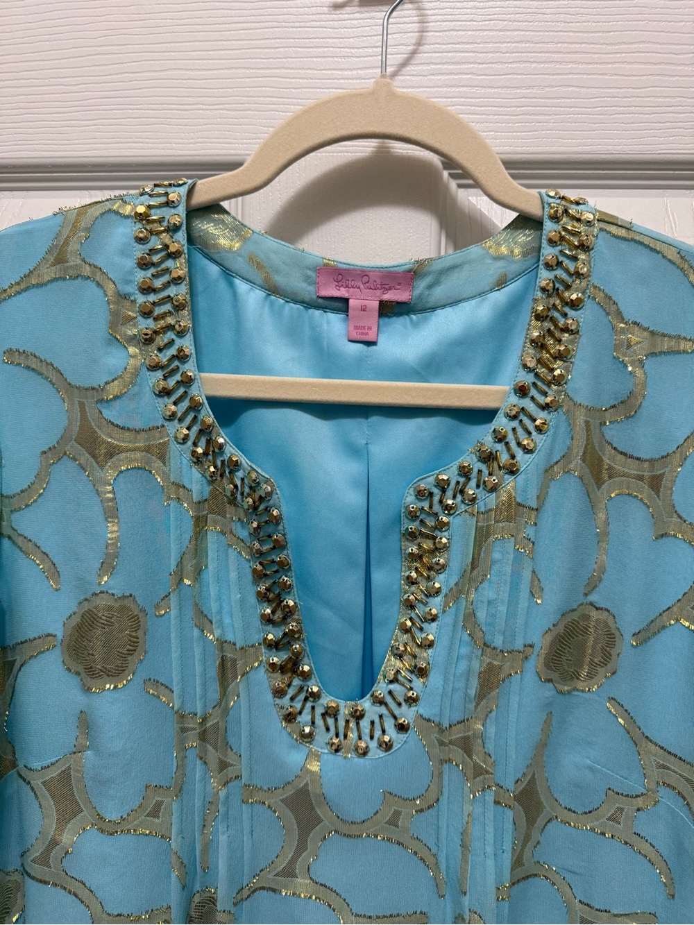 “Lilly Pulitzer Size 12 Blue Gold Metallic Dress Beaded Neck Resort Cocktail” - Picture 3 of 6